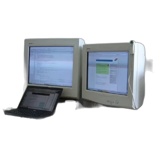staff, desk, two, monitors, laptop, keyboards, mouse, cup transparent PNG cut-out