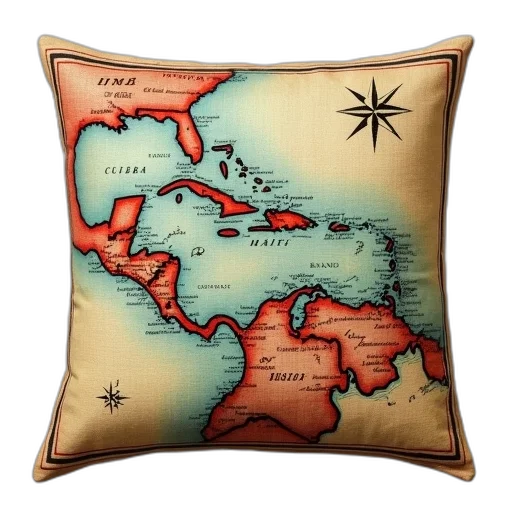 vintage-style, pillow, map, caribbean, region, featuring, countries, such transparent PNG cut-out