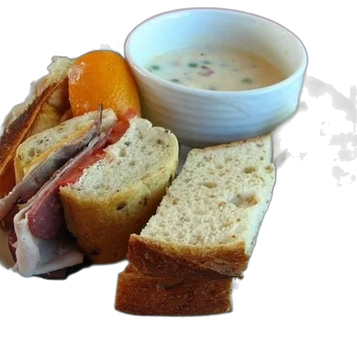 food, photorealistic, 3d render, plate, sandwich, soup, orange, slice transparent PNG cut-out