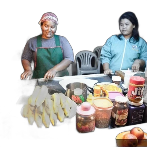 two, women, prepare, food, table, bananas, apples transparent PNG cut-out