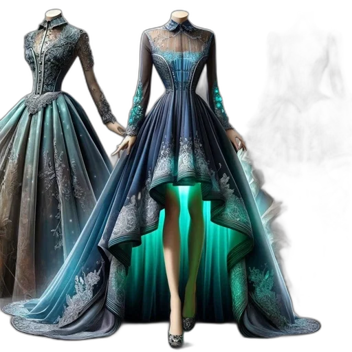 dress, concept art, fantasy art, 3d render, photorealistic, blue, green, dark transparent PNG cut-out