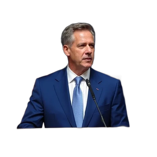 photorealistic, man, blue, suit, standing, podium, microphone, front transparent PNG cut-out