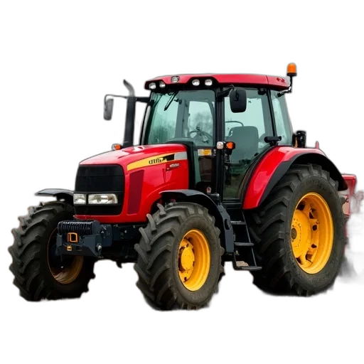 red, tractor, yellow, plow, attachment, parked, field, has transparent PNG cut-out