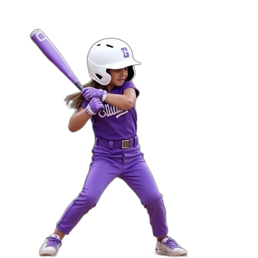young, girl, purple, baseball, uniform, swinging, bat, ball transparent PNG cut-out