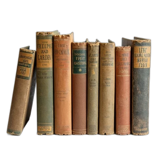 furniture, collection, vintage, gardening, books, displayed, white, background transparent PNG cut-out