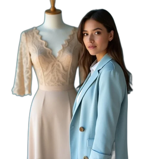 dress, jacket, blue, pastel, woman, standing, front, mannequin transparent PNG cut-out