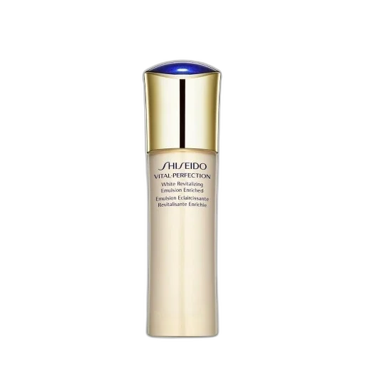 bottle, shiseido, vital-perfection, white, revitalizing, emulsion, enriched, displayed transparent PNG cut-out