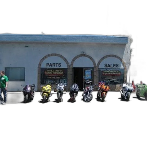 city street, motorcycle, shop, various, models, lined, outside, including transparent PNG cut-out