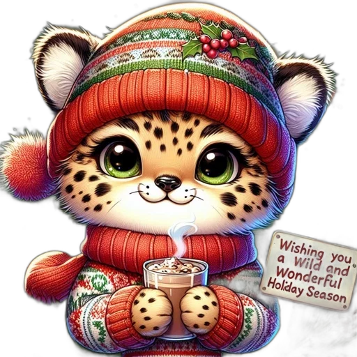 fantasy art, photorealistic, 3d render, cartoon, snow, leopard, cub, festive transparent PNG cut-out