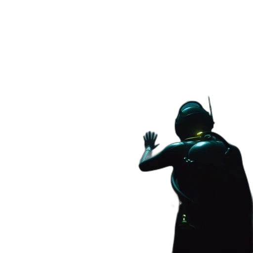 mask, jacket, robot, staff, concept art, outer space, underwater, dark transparent PNG cut-out