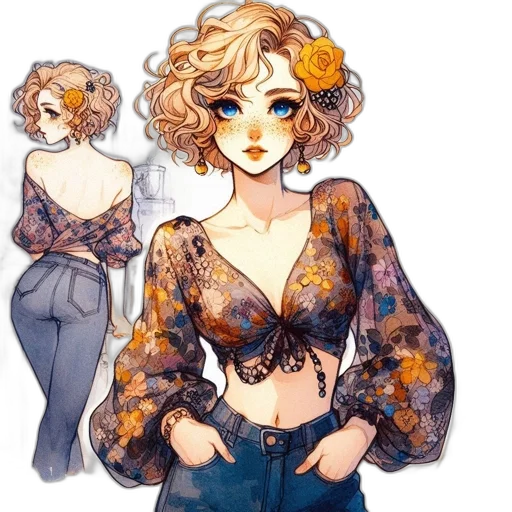 dress, jacket, flower, jewelry, watercolor, concept art, fantasy art, pixel art transparent PNG cut-out
