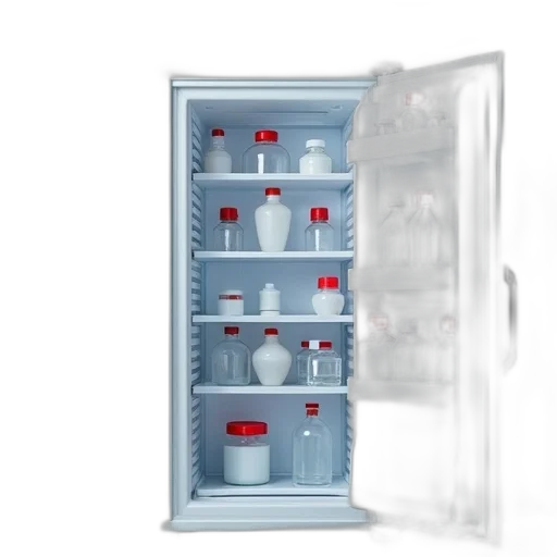 bottle, furniture, 3d render, white, laboratory, refrigerator, multiple, shelves transparent PNG cut-out