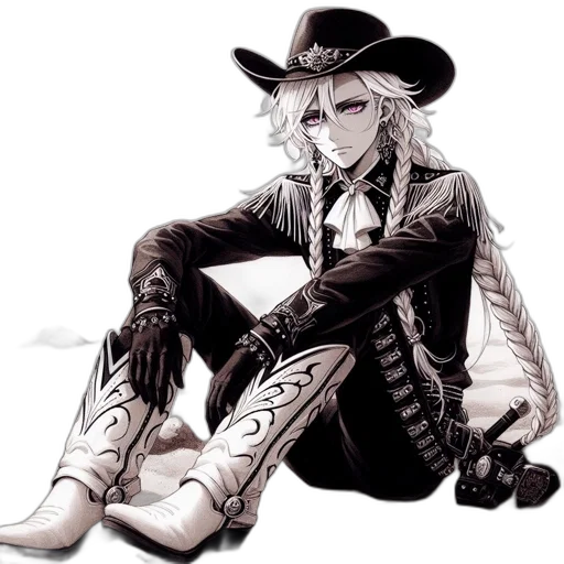 weapon, hat, jacket, concept art, cartoon, comic book art, fantasy art, monochrome transparent PNG cut-out