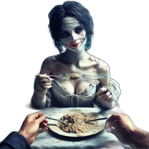 food, mask, face, dress, concept art, comic book art, fantasy art, photorealistic transparent PNG cut-out