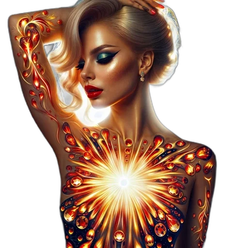 dress, jewelry, fantasy art, comic book art, photorealistic, concept art, fire, neon lights transparent PNG cut-out