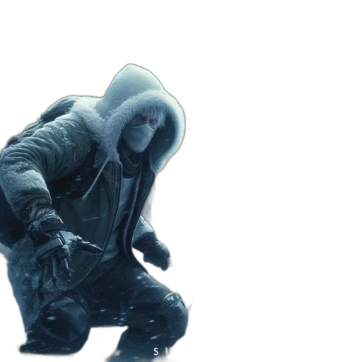 jacket, mask, weapon, creature, concept art, cyberpunk, 3d render, photorealistic transparent PNG cut-out