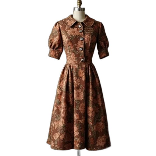 dress, jacket, earth tones, 1940s, style, brown, floral, print transparent PNG cut-out