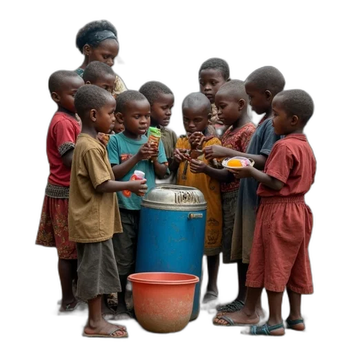 food, group, children, adults, gathered, dirty, post-apocalyptic, environment transparent PNG cut-out