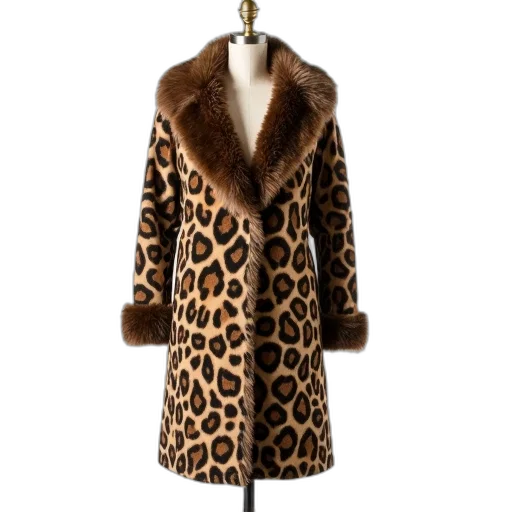 jacket, full-length, coat, fur, collar, pattern, leopard, spots transparent PNG cut-out