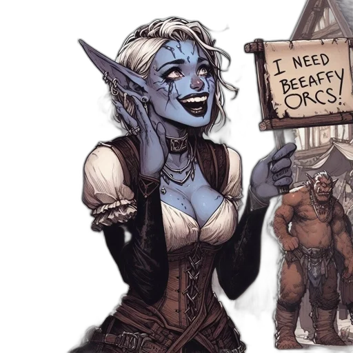 fantasy art, concept art, comic book art, watercolor, bustling, marketplace, blue-skinned, woman transparent PNG cut-out