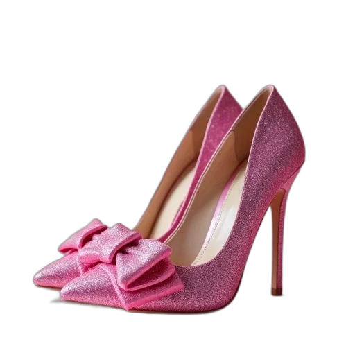 shoes, pair, pink, high-heeled, glittery, texture, bow, detail transparent PNG cut-out