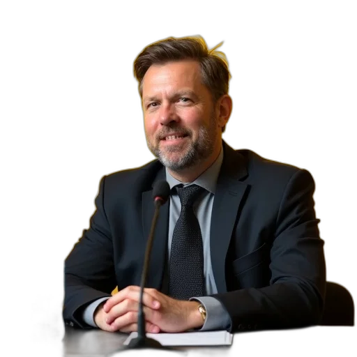 staff, man, sitting, table, microphone, front, him, wearing transparent PNG cut-out