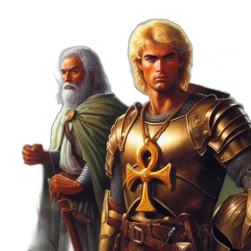 sword, fantasy art, concept art, comic book art, photorealistic, golden, two, men transparent PNG cut-out
