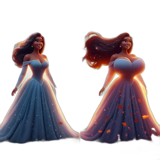 dress, hair, crown, concept art, 3d render, fantasy art, comic book art, two transparent PNG cut-out