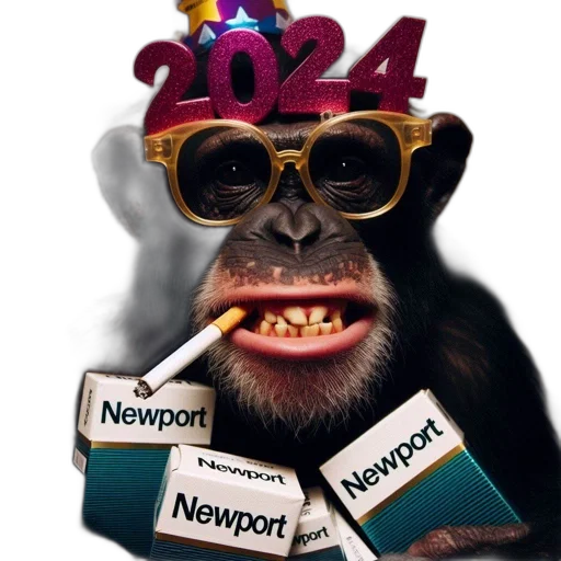 photorealistic, chimpanzee, wearing, glasses, party, hat, number, 2024 transparent PNG cut-out