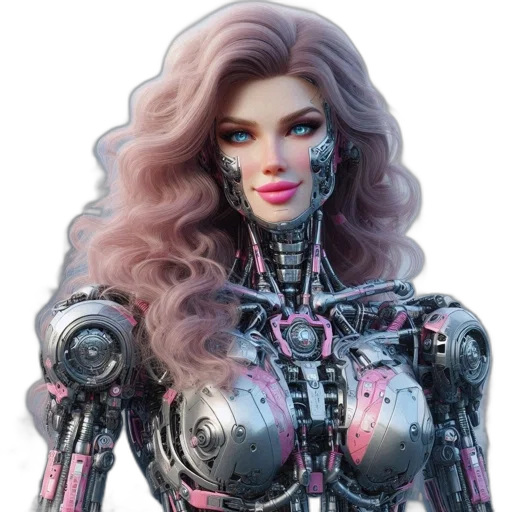 robot, cyberpunk, 3d render, concept art, vaporwave, female, pink, hair transparent PNG cut-out