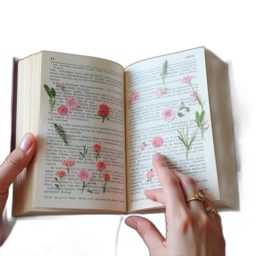 person, holding, open, book, floral, design, pages, placed transparent PNG cut-out