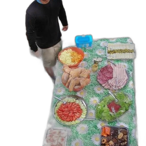 food, 3d render, person, stands, next, picnic, table, covered transparent PNG cut-out