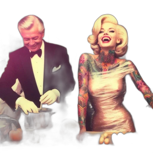 concept art, fire, man, tuxedo, cooks, enthusiastically, while, woman transparent PNG cut-out