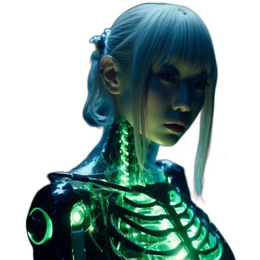 robot, dress, jewelry, creature, cyberpunk, concept art, 3d render, vaporwave transparent PNG cut-out