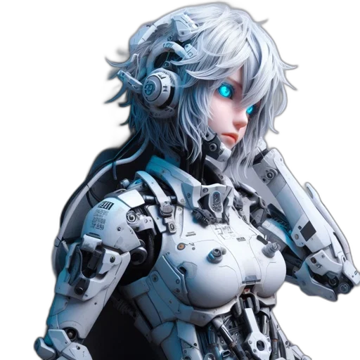 robot, weapon, face, concept art, cyberpunk, 3d render, pixel art, blue transparent PNG cut-out