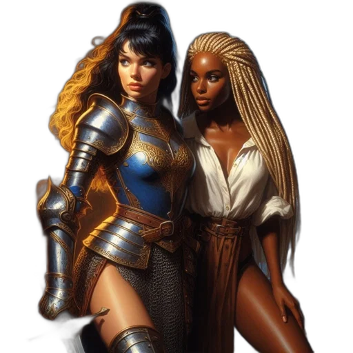 concept art, fantasy art, comic book art, 3d render, golden, two, women, weapons transparent PNG cut-out