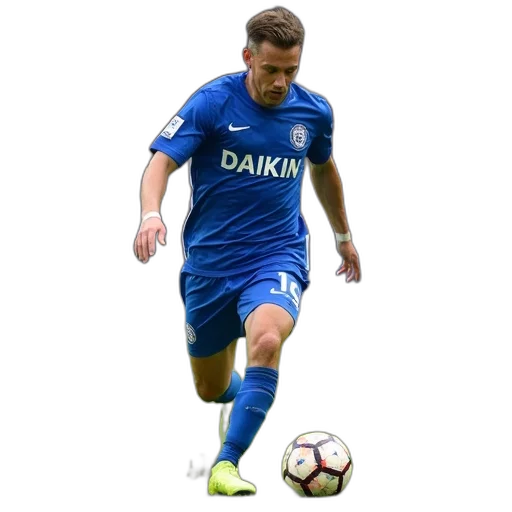 soccer, player, blue, jersey, word, daikin, front, dribbling transparent PNG cut-out
