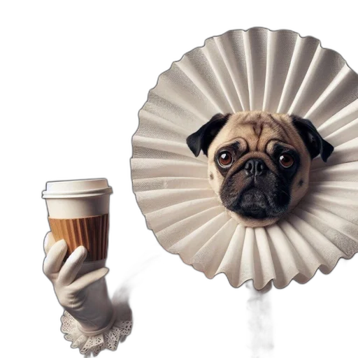 animal, food, 3d render, photorealistic, elegant, costume-clad, pug, holds transparent PNG cut-out