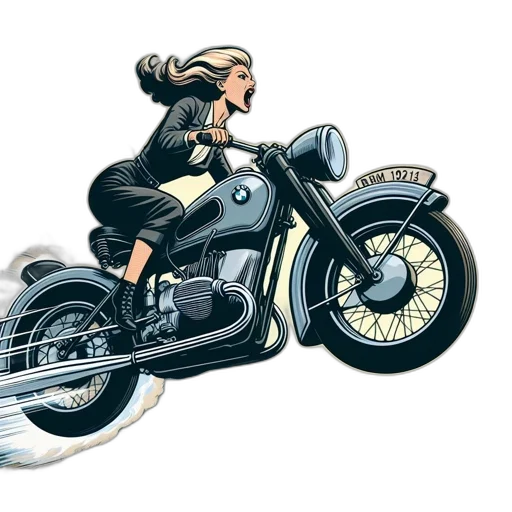 comic book art, concept art, cartoon, photorealistic, woman, effortlessly, rides, vintage transparent PNG cut-out