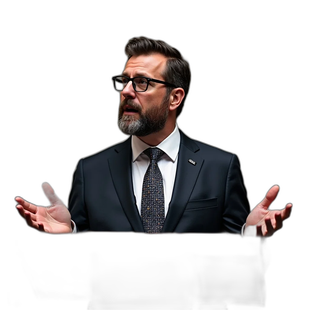 jacket, robot, staff, animal, man, beard, glasses, standing transparent PNG cut-out