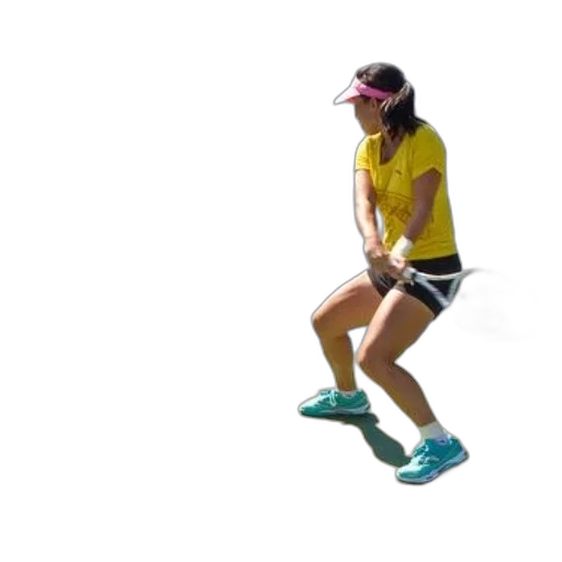 3d render, woman, yellow, shirt, pink, visor, playing, tennis transparent PNG cut-out