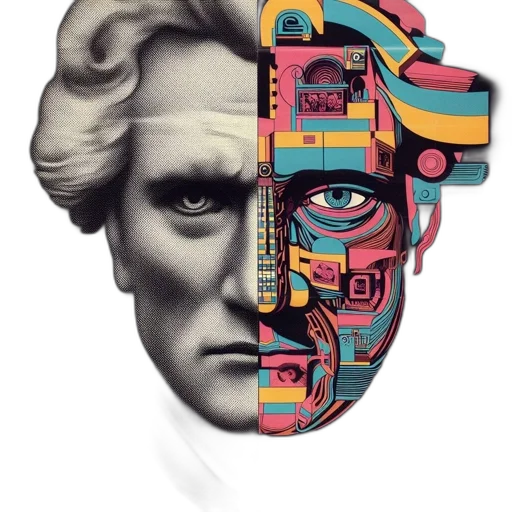 face, mask, robot, cyberpunk, concept art, comic book art, photorealistic, split-poster transparent PNG cut-out