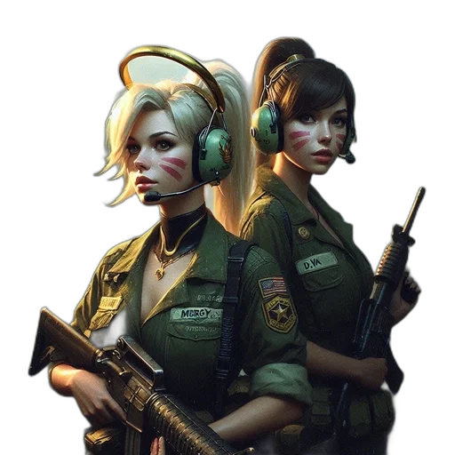 weapon, concept art, cyberpunk, comic book art, fantasy art, green, two, women transparent PNG cut-out