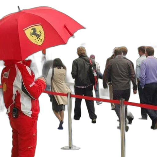 umbrella, person, red, ferrari, jacket, holds, stand, near transparent PNG cut-out