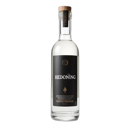 bottle, clear, glass, dark, label, featuring, word, hedoning transparent PNG cut-out