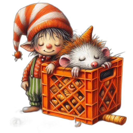 concept art, elf-like, figure, sleeps, beside, crate, diverse, food transparent PNG cut-out