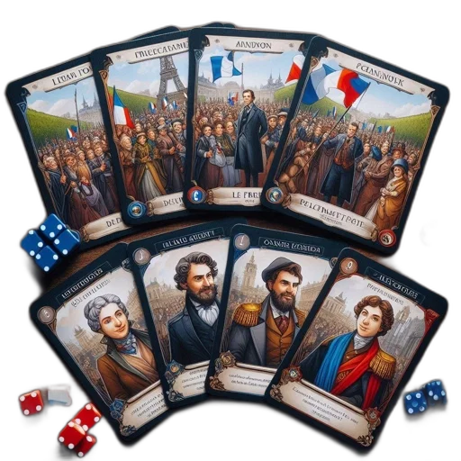 collection, cards, dice, represents, historical, figures, events, educational transparent PNG cut-out