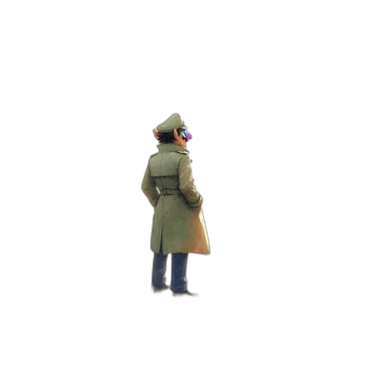 jacket, hat, staff, weapon, 3d render, concept art, pixel art, vaporwave transparent PNG cut-out