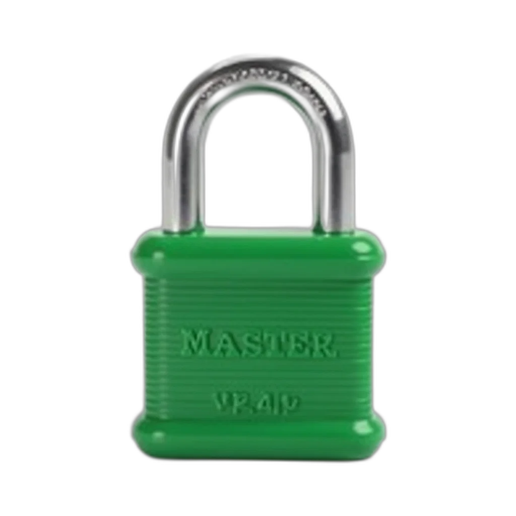 green, master, lock, silver, shackle, displayed, against, white transparent PNG cut-out