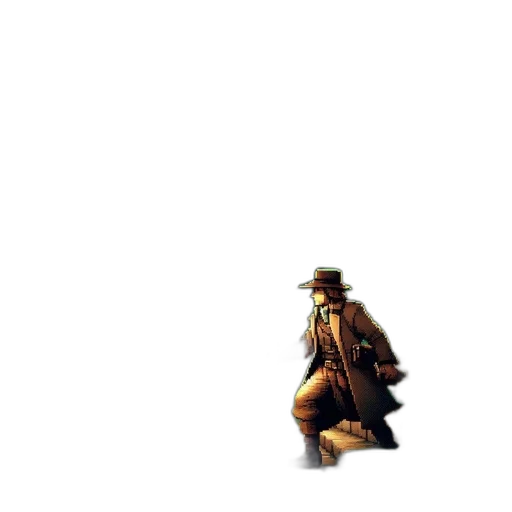 hat, robot, jacket, staff, pixel art, concept art, comic book art, 3d render transparent PNG cut-out